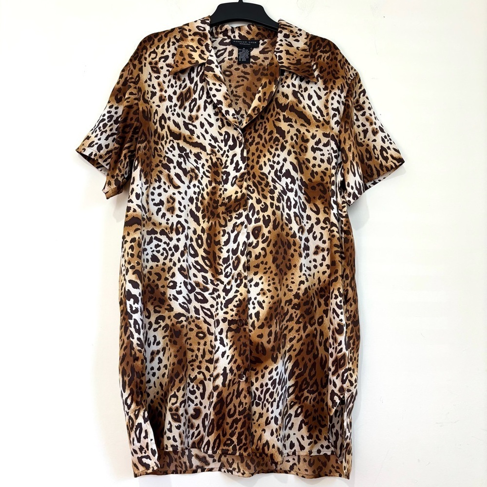 August silk Intimate Vintage cheetah short sleeve V-neck button up shirt dress M